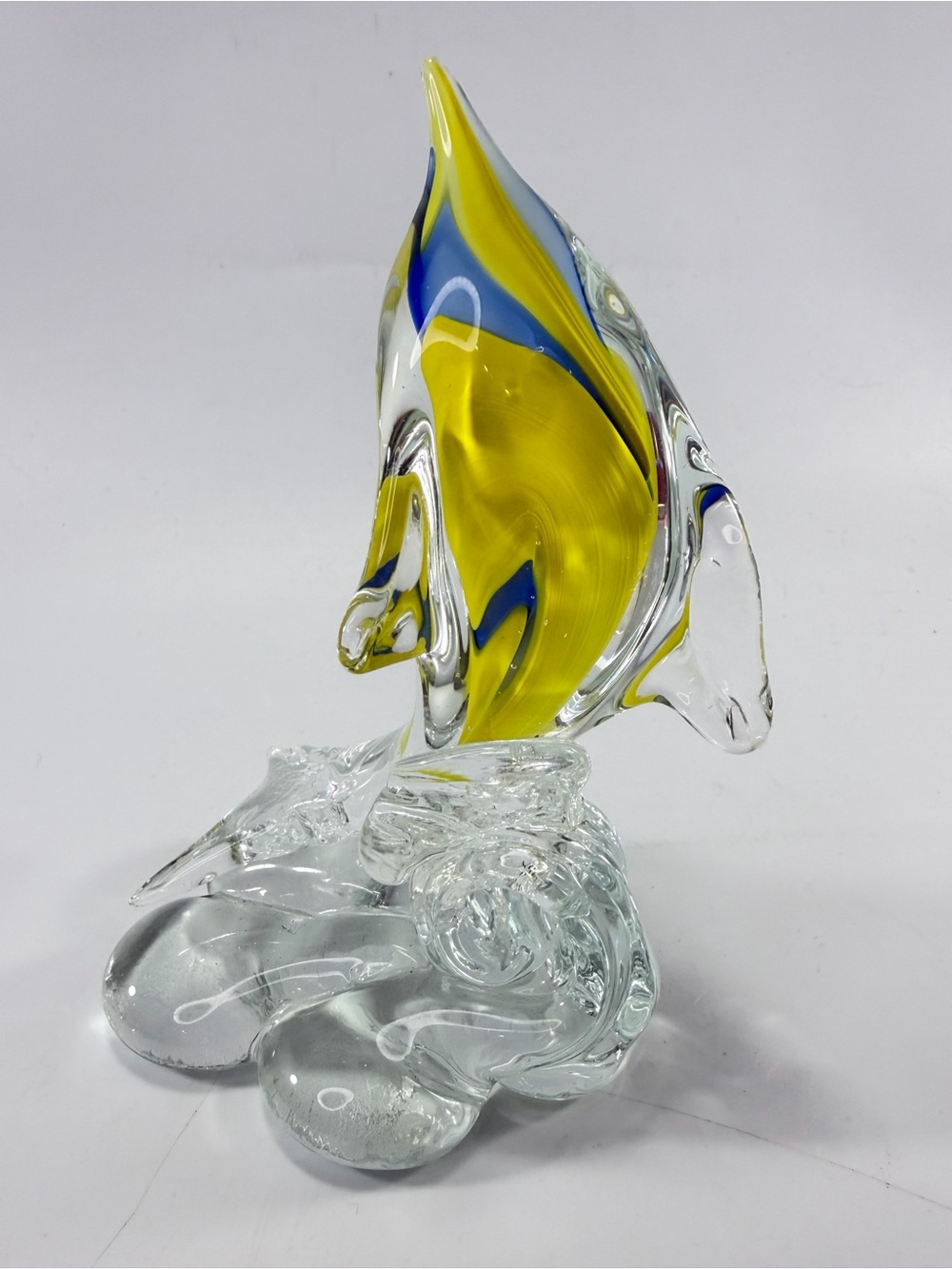 Studio Art Glass Dolphin Whale Fish Yellow Blue Clear Glass Wave Sculpture Ocean
